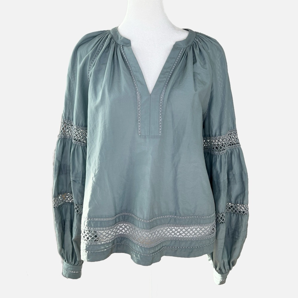 MARIE OLIVER Slate Blue Boho Crochet Peasant Prairie‎ Cottagecore Blouse SMALL